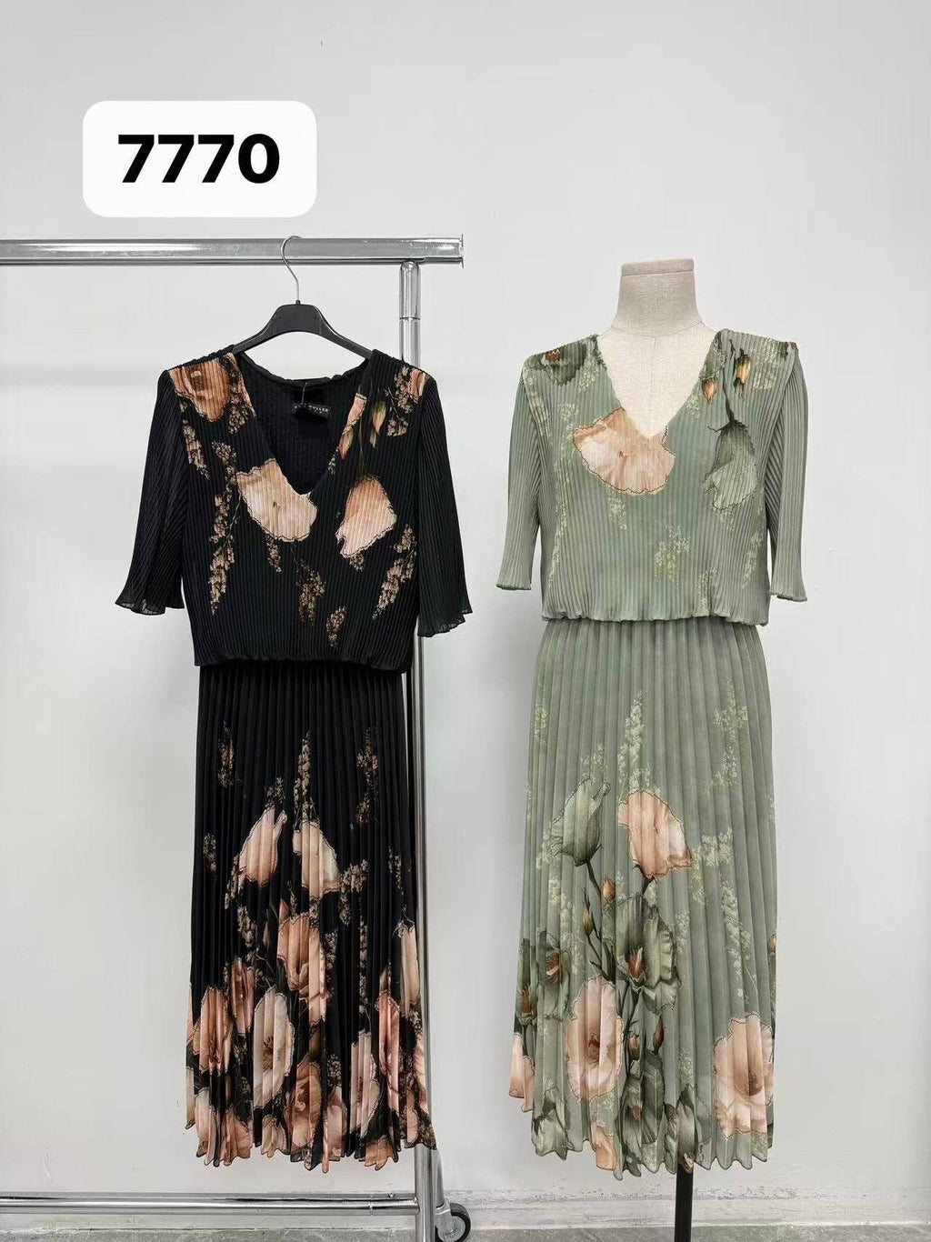 Orchid Print V Plisse Pleated Maxi Dress