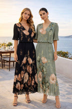 Orchid Print V Plisse Pleated Maxi Dress
