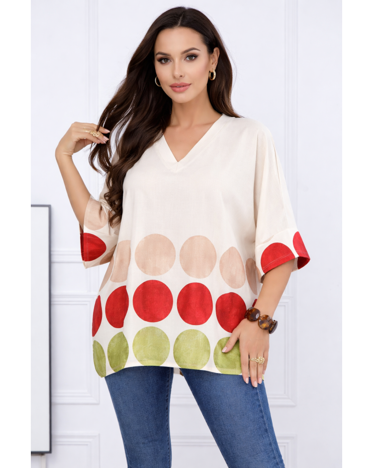Polka Dot Linen Blend V-Neck Top - 290