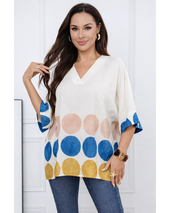 Polka Dot Linen Blend V-Neck Top - 290