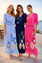 Orchid Print V Plisse Pleated Maxi Dress