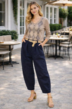 Cotton Barrel Leg Belted Trousers