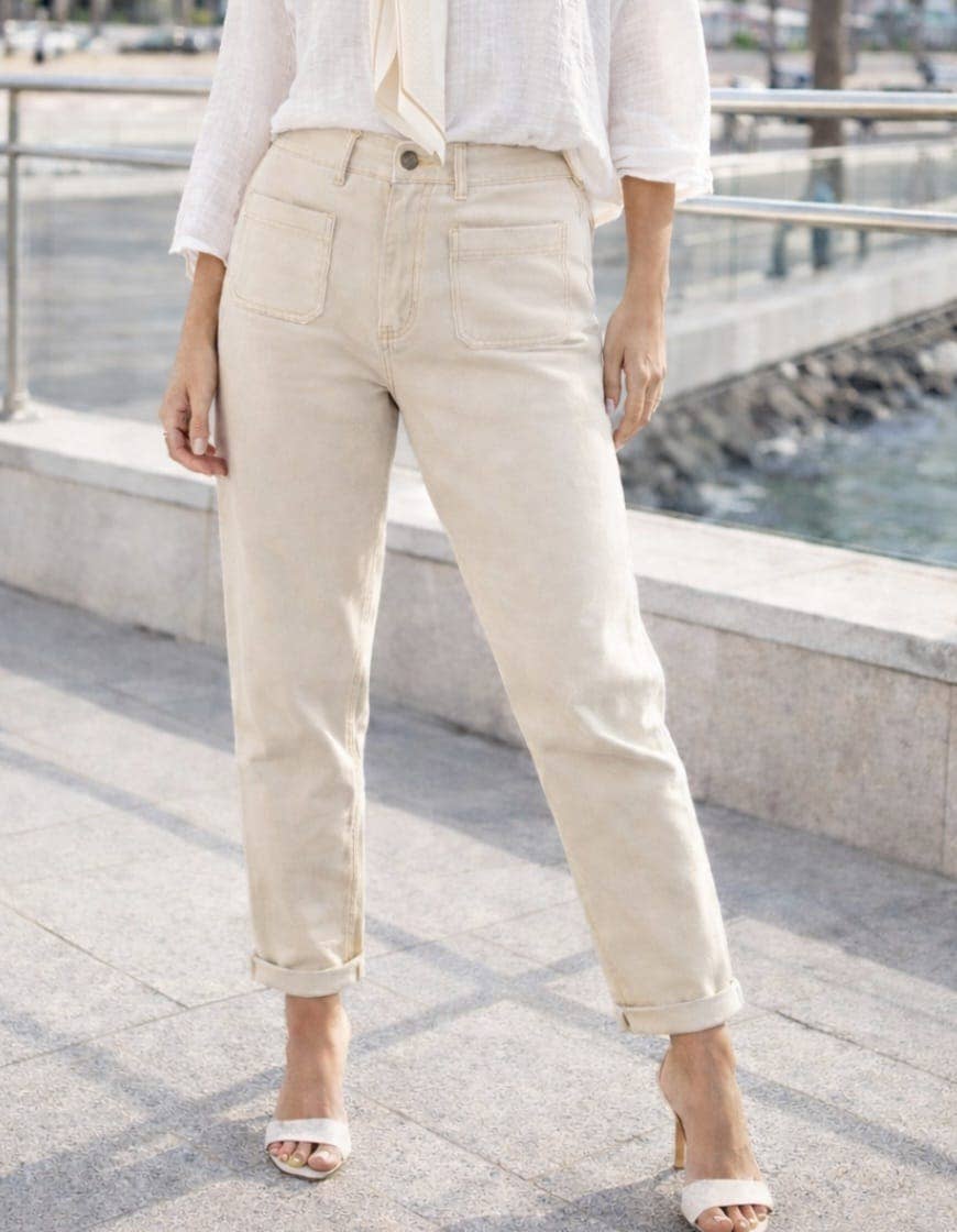 Beige Mom Fit Two Front Pocket Voggo Jeans