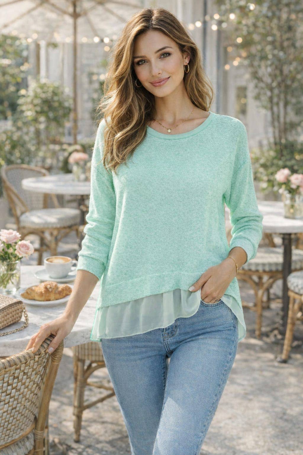 Linen Blend Chiffon Hem Fine Knit Tunic